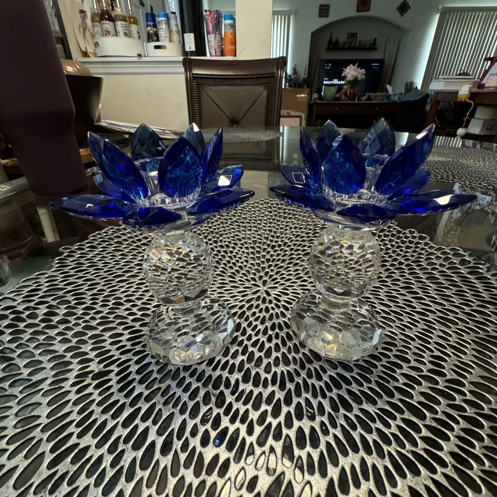 Sorelle Crystal Blue Floral Glass Candlestick Holder Lot of 2